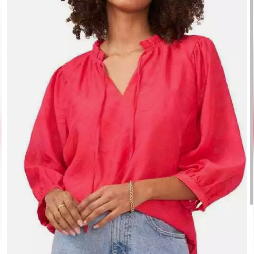 VINCE CAMUTO,NWT Women's Jacquard Zebra-Print Split-Neck Blouse Geranium,Smal